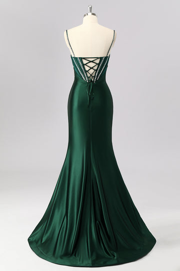Dark Green Corset Mermaid Long Prom Dress with Rhinestones